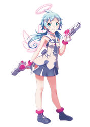  absurdres angel angel_wings aqua_eyes blue_hair bracelet choker dual_wielding ekoro_(galgun) female gal_gun_(series) gal_gun_double_peace gun hair_ornament hairclip halo highres holding holding_gun holding_weapon jewelry long_hair looking_at_viewer masanori_ito official_art simple_background skirt sleeveless smile solo twintails weapon white_background wings 