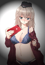  black_hat blue_bra blue_eyes blue_panties blurry blush bow bow_panties bra breasts cellphone cleavage commentary_request dress_shirt female frown garrison_cap girls_und_panzer grey_hair hat holding holding_phone iphone itsumi_erika kuromorimine_military_uniform long_hair looking_at_viewer md5_mismatch medium_breasts military military_hat military_uniform nakamura_3sou navel open_clothes open_shirt panties phone red_shirt selfie shirt smartphone solo standing underwear uniform upper_body 