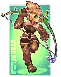  arrow_(projectile) bad_id bad_pixiv_id blonde_hair boots bow_(weapon) breasts character_name cra_(wakfu) detached_sleeves dress evangelyne_(wakfu) female freckles gloves green_eyes hair_ornament hairclip halterneck highres medium_breasts over_shoulder pointy_ears running shioinu_kemushi short_dress short_hair solo thigh_boots thighhighs wakfu weapon weapon_over_shoulder zettai_ryouiki 