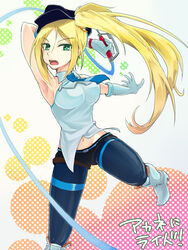  ankle_boots belly_button blonde_hair boots cardfight!!_vanguard cosplay gloves green_eyes hat high_dog_breeder_akane high_dog_breeder_akane_(cosplay) high_heel_boots high_heels hot_pants kourin_(cardfight!!_vanguard) legwear looking_at_viewer midriff navel necktie ponytail royal_paladin short_shorts shorts side_ponytail sleeveless stockings tatsunagi_kourin thighhighs tie vanguard_ride whip 