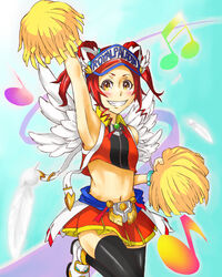  cardfight!!_vanguard cheerleader feathers feathers legwear midriff orange_eyes pom_poms red_hair royal_paladin star_call_trumpeter stockings thighhighs wings 