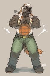  2015 abs anthro beau_(artist) belt biceps big_muscles biped bottomwear brown_body brown_eyes brown_fur clothed clothing dog_tags footwear fur grey_background grin gulonine jewelry looking_at_viewer madcow100 male mammal multicolored_body multicolored_fur muscular muscular_anthro muscular_male mustelid musteline necklace orange_body orange_fur pants pecs shoes simple_background smile solo standing topless white_body white_fur wolverine won_(madcow100) wristband 