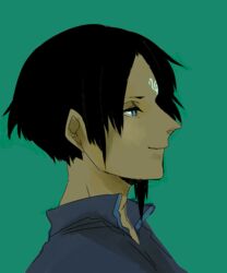  1boy black_hair blue_eyes commentary_request dark-skinned_male dark_skin facial_mark forehead_mark hellschef male_focus popped_collar scp-073 scp_foundation simple_background smile solo 