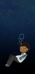  1boy air_bubble blue_eyes brown_hair bubble chibi commentary_request dark-skinned_male dark_skin facial_mark forehead_mark highres male_focus mechanical_arms misima1029 no_lineart open_mouth photoshop_(medium) prosthesis prosthetic_arm prosthetic_leg scp_foundation single_mechanical_arm solo submerged underwater 