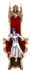  1boy blue_hair cendrillon_(vocaloid) kaito_(vocaloid) kooten_bergh_no_youhei male_focus sitting solo throne vocaloid 