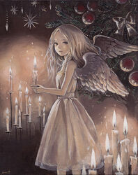  acrylic_paint_(medium) candle christmas commentary dress english_commentary female holding long_hair looking_at_viewer nose original painting_(medium) red_eyes signature solo toyoda_izumi traditional_media white_dress white_hair white_wings wings 