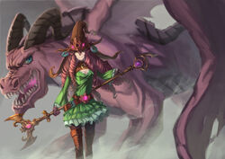  absurdres alternate_costume alternate_hair_color alternate_hairstyle belt black_gloves boots brown_footwear commentary_request dragon dragon_trainer_lulu dress drill_hair female gem gloves green_dress hat highres humanization league_of_legends long_hair lulu_(league_of_legends) pantyhose photoshop_(medium) pink_hair sakimeikun-daze smile staff thigh_boots thighhighs witch_hat yellow_eyes 