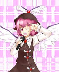  \m/ commentary_request female hat microphone music mystia_lorelei one_eye_closed pink_eyes pink_hair satona_hasuo seikan_hikou singing solo touhou 