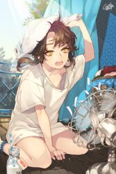  anklet basket bottle brown_hair commentary_request cooru drinking_straw female hot jewelry milk mole shirt short_hair short_hair_with_long_locks sidelocks sita_vilosa sitting solo sweat sword_girls t-shirt towel yellow_eyes 