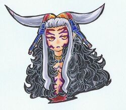  chibi female final_fantasy final_fantasy_viii fur_collar grey_hair horns long_hair makeup pachepache1228 silver_hair simple_background solo super_deformed traditional_art ultimecia 