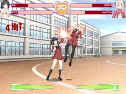  4girls black_hair blonde_hair blue_eyes blush closed_eyes fake_screenshot hair_ribbon kawamura_reo long_hair matsubara_yuuna multiple_girls oda_nanami one_eye_closed open_mouth pantyhose red_eyes red_hair ribbon sawaguchi_mai school school_uniform short_hair sono_hanabira_ni_kuchizuke_wo twintails uppercut 