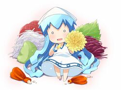  barefoot blue_eyes blue_hair chibi commentary_request dress female fish_(food) flower food hat hiro_hiroki ikamusume long_hair mini-ikamusume mini_person minigirl o_o sashimi shinryaku!_ikamusume solo wasabi 