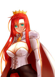  absurdres blue_eyes blush boudica_(fate) boudica_(third_ascension)_(fate) breasts cape cleavage commentary corset crown der_zweite fate/grand_order fate_(series) female fur_trim highres large_breasts long_hair looking_at_viewer red_hair shrug_(clothing) smile solo white_background 