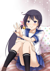  akebono_(kancolle) bell black_socks blue_skirt closed_mouth commentary_request female flower hair_bell hair_flower hair_ornament hand_up jewelry jingle_bell kantai_collection long_hair looking_at_hand purple_eyes purple_hair ring sazaki_hiyoru school_uniform serafuku short_sleeves side_ponytail skirt smile socks solo wedding_ring 