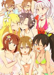  6+girls amami_haruka bikini black_eyes black_hair blonde_hair blue_eyes breasts brown_eyes brown_hair cleavage commentary_request flower food fruit futami_ami futami_mami ganaha_hibiki glasses green_eyes grey_hair hagiwara_yukiho halterneck high_ponytail hoshii_miki idolmaster idolmaster_(classic) idolmaster_2 jewelry kikuchi_makoto multiple_girls necklace noroko0614 one_eye_closed ponytail purple_eyes red_bikini shijou_takane short_hair side_ponytail string_bikini swimsuit v watermelon 