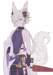  1boy absurdres animal_ears backless_outfit belt blonde_hair collar commentary_request cowboy_shot cross-laced_pants elbow_gloves erune fingerless_gloves fox_boy fox_ears fox_tail gloves granblue_fantasy hair_ornament hair_over_one_eye highres holding holding_umbrella jyouwan kou_(granblue_fantasy) light_frown lock long_hair male_focus off_shoulder red_eyes ribs side-tie_legwear single_bare_shoulder tail umbrella white_background wrist_cuffs 