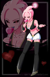  black_sclera breasts candy cleavage colored_sclera colored_skin commentary dragon_ball dragon_ball_online earrings english_commentary epe-tohri female female_majin food genderswap_(mtf) glowing heart heart-shaped_lollipop jewelry jitome licking lollipop medium_breasts navel pink_skin red_eyes rule_63 shaped_lollipop solo thighhighs tongue zettai_ryouiki zoom_layer 