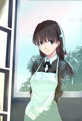  amagami apron ayatsuji_tsukasa bad_id bad_pixiv_id black_eyes black_hair female guratan highres kibito_high_school_uniform long_hair school_uniform solo window 