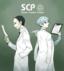  2boys black_hair blue_eyes blue_hair clipboard commentary_request copyright_name gears_(scp) glasses hand_in_pocket iceberg_(scp) lab_coat logo looking_back male_focus multiple_boys necktie paper puyora scp_foundation 