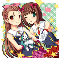  2girls amami_haruka bad_id bad_pixiv_id brown_eyes brown_hair gloves green_eyes hairband highres idolmaster idolmaster_(classic) long_hair minase_iori multiple_girls one_eye_closed photoshop_(medium) plaid plaid_skirt rabbit schoolish_girl_(idolmaster) short_hair skirt tongue totokichi 