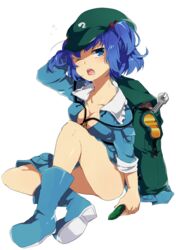  adjusting_hair backpack bad_id bad_pixiv_id bag blue_eyes blue_hair boots breasts cleavage coat cucumber female goggles hair_bobbles hair_ornament hat kawashiro_nitori medium_breasts one_eye_closed saliva solo touhou tsutsumi_(trmacd) two_side_up 