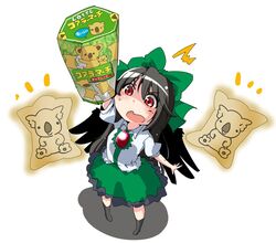  ^^^ arm_up black_hair black_wings bow commentary_request cookie female food frilled_skirt frills from_above full_body green_bow green_skirt hairbow koala koala_no_march long_hair open_mouth puffy_short_sleeves puffy_sleeves red_eyes reiuji_utsuho shadow shinapuu shirt short_sleeves skirt solo surprised sweat third_eye touhou white_background white_shirt wings 