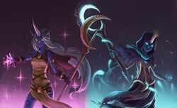  2girls absurdres alternate_costume alternate_hair_color armlet blue_eyes cape colored_skin commentary_request fingerless_gloves gloves glowing glowing_eyes glowing_weapon highres hood horns league_of_legends long_hair multiple_girls outstretched_hand photoshop_(medium) ponytail pouch purple_skin reaper_soraka sakimeikun-daze single_horn soraka_(league_of_legends) sparkle staff tattoo weapon white_hair yellow_eyes 