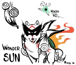  amaterasu_(okami) avoid_posting canid canine canis capcom clover_studio crossover deity duo english_text female feral fire fur issun_(okami) male mammal mask morbi okami_(capcom) platinumgames size_difference solo_focus text the_wonderful_101 tongue tongue_out white_body white_fur wolf 