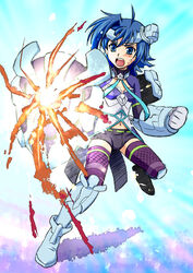  ankle_boots armor blue_eyes blue_hair boots cardfight!!_vanguard crossdressing crossplay flash_shield_iseult gauntlets hair_ornament horns hot_pants jewel_knight_iseult legwear royal_paladin rule_63 sendou_aichi shield short_shorts shorts stockings thighhighs vanguard_ride 