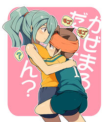  2boys ? bad_id bad_pixiv_id blue_hair brown_eyes brown_hair endou_mamoru goalkeeper headband hug inazuma_eleven inazuma_eleven_(series) kazemaru_ichirouta ku--ma long_hair male_focus multiple_boys otoko_no_ko photoshop_(medium) ponytail raimon red_eyes soccer_uniform sportswear yaoi 