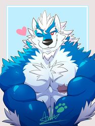  2017 3:4 abs absurd_res anthro biceps black_nose blue_body blue_fur canid canine canis facial_hair fur goatee hi_res male mammal muscular muscular_anthro muscular_male oleola123 one_eye_closed pecs scar solo tuft white_body white_fur wink wolf 