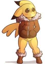  2019 anthro anthrofied avoid_posting bottomless cleft_tail clothed clothing coat dipstick_ears ear_markings evenytron featureless_crotch female footwear generation_1_pokemon hi_res multicolored_ears nintendo pikachu pokemon pokemon_(species) simple_background solo tail topwear yellow_body 