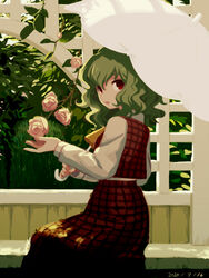  ascot chabi_(amedama) collared_shirt dated female flower green_hair kazami_yuuka long_skirt long_sleeves parasol pink_flower pink_rose plaid plaid_skirt plaid_vest red_eyes red_skirt red_vest rose shirt short_hair skirt skirt_set smile solo thorns touhou umbrella vest wavy_hair white_shirt yellow_ascot 