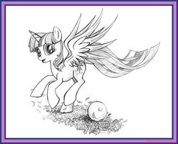  2015 absurd_res alicorn ball border cutie_mark equid equine female feral friendship_is_magic graphite_(artwork) hair hasbro hi_res hooves horn horse leaf leaves_on_ground long_tail looking_at_viewer mammal monochrome my_little_pony mythological_creature mythological_equine mythology open_mouth pencil_(artwork) pony purple_border quadruped raised_hoof raised_leg_over_edge simple_background solo spread_wings tail text traditional_media_(artwork) twilight_sparkle_(mlp) uminanimu url white_background wings 