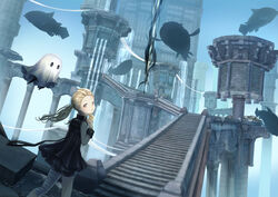  1other blonde_hair building coelacanth dress female fio_(nier) fish floating floating_city ghost highres kumaoka_pon looking_at_viewer mama_(nier) nier_(series) nier_reincarnation pillar scenery stairs twintails 