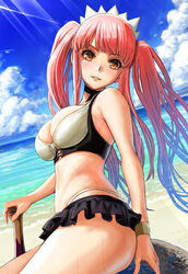  bare_shoulders beach bikini black_skirt blue_sky blush breasts cleavage day dousunnen fate/grand_order fate_(series) female highres light_rays long_hair looking_at_viewer medb_(fate) medb_(swimsuit_saber)_(fate) medb_(swimsuit_saber)_(second_ascension)_(fate) medium_breasts microskirt ocean outdoors parted_lips pink_hair shore skirt sky smile sunlight swimsuit tiara twintails white_bikini yellow_eyes 