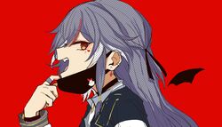  arashi chinese_commentary choker commentary_request earrings fangs female fu_hua fu_hua_(herrscher_of_sentience) grey_hair hair_between_eyes highres honkai_(series) honkai_impact_3rd jacket jewelry letterman_jacket long_hair long_sleeves looking_at_viewer looking_to_the_side mask mask_pull mouth_mask multicolored_hair open_mouth parody red_background red_eyes ring simple_background streaked_hair vampire_(vocaloid) 