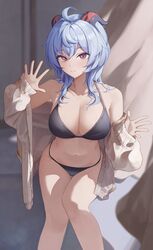  absurdres ahoge bare_shoulders bikini black_bikini blue_hair breasts cleavage closed_mouth collarbone female ganyu_(genshin_impact) genshin_impact goat_horns hands_up highres horns large_breasts long_hair navel off_shoulder open_hands purple_eyes sidelocks sitting smile solo starblue stomach sweater swimsuit thigh_gap thighs 