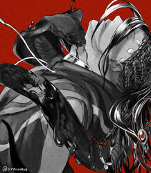  1boy adam&#039;s_apple animal biting bleeding blood braid coin_hair_ornament dissolving drawstring facing_up from_side gem greyscale_with_colored_background hair_ornament hair_over_one_eye highres hood hood_down jamil_viper jewelry long_hair male_focus monochrome multiple_braids neck_ring parted_lips profile red_background red_gemstone simple_background snake spot_color twisted_wonderland twitter_username umino_kiri 