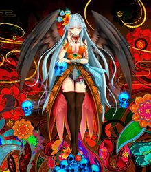  absurdres black_wings blue_hair female flower hair_ornament highres kaiten_nekohige long_hair looking_at_viewer rocbouquet_(saga) romancing_saga_2 romancing_saga_re;universe saga skull solo wings yellow_eyes 