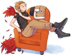  1boy armchair belt black_footwear black_gloves black_shirt black_socks blonde_hair boku_no_hero_academia boots brown_jacket brown_pants buttons chair clenched_hand closed_eyes closed_mouth commentary_request crossed_ankles earrings facial_hair feathered_wings feathers full_body fur-trimmed_jacket fur_trim gloves hand_on_own_shoulder hawks_(boku_no_hero_academia) jacket jewelry male_focus miso_(mimimiso) pants pocket red_feathers red_wings shadow shedding shedding_feathers shirt shoe_soles short_hair short_sleeves shoulder_massage sitting_sideways socks solo stubble too_many too_many_feathers unworn_gloves unworn_jacket wings 