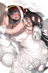  1boy azur_lane bare_shoulders black_hair blue_eyes blush breasts bridal_veil carrying commentary_request couple deutschland_(azur_lane) dress earrings female formal gloves highres hoop_earrings husband_and_wife jewelry large_breasts multicolored_hair oerba_yun_fang open_mouth princess_carry red_hair straight strapless strapless_dress streaked_hair suit takeakigaku veil wedding_dress white_dress white_gloves white_suit 