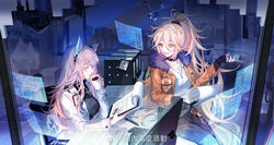  2girls animal_ears black_gloves blonde_hair breasts cat_ears character_name chinese_commentary choker clipboard closed_eyes coffee collarbone commentary_request computer_keyboard cup desk fingerless_gloves fur_collar girls&#039;_frontline girls&#039;_frontline_neural_cloud gloves hair_ornament hair_scrunchie highres hitokoto holding holding_clipboard holding_cup id_card jacket jewelry lab_coat large_breasts long_hair long_sleeves looking_at_another monitor mug multiple_girls necklace on_desk open_mouth orange_jacket paper persicaria_(neural_cloud) pink_hair ponytail ribbed_shirt scrunchie shirt smile sol_(neural_cloud) weibo_watermark white_shirt yellow_eyes 