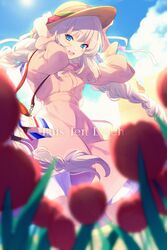  blue_eyes blue_sky blush braid breasts dress echo_(circa) fate/grand_order fate_(series) female field flower flower_field hat long_hair long_sleeves looking_at_viewer marie_antoinette_(fate) marie_antoinette_(under_the_same_sky)_(fate) medium_breasts official_alternate_costume open_mouth outdoors pink_dress sky smile twin_braids very_long_hair white_hair 