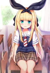  baram black_ribbon blonde_hair blue_eyes blue_sweater_vest blurry blurry_background blush brown_skirt chair collared_shirt commentary_request day depth_of_field desk diagonal-striped_clothes diagonal-striped_neckerchief feet_out_of_frame female fleur-de-lis green_eyes hair_ribbon highres indoors long_hair looking_at_viewer mononobe_alice mononobe_alice_(3rd_costume) multicolored_eyes neckerchief nijisanji on_desk parted_lips plaid plaid_skirt pleated_skirt red_neckerchief ribbon school_chair school_desk school_uniform shirt short_sleeves sitting skirt smile solo striped_clothes striped_neckerchief sweater_vest two-tone_neckerchief very_long_hair virtual_youtuber white_neckerchief white_shirt window 