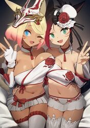  2girls absurdres animal_ears asymmetrical_docking black_hair blonde_hair blue_eyes braid breast_press breasts cat_ears cat_girl cat_tail cleavage crop_top detached_sleeves facial_mark final_fantasy final_fantasy_xiv fingerless_gloves gloves green_eyes hat highres katyusha_edelweiss large_breasts long_sleeves marie_makise mask mask_on_head microskirt midriff mini_hat mini_top_hat miqo&#039;te multiple_girls navel oerba_yun_fang one_eye_closed open_mouth pink_hair pleated_skirt red_hair short_hair sitting skirt smile tail thighhighs tongue top_hat tostantan v variant_set warrior_of_light_(ff14) whisker_markings white_gloves white_headwear white_skirt white_thighhighs wide_sleeves 