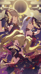  3girls ahoge arm_behind_back arm_garter arm_up backlighting bad_id bad_pixiv_id bare_shoulders belt belt_collar black_background black_dress black_flower black_gloves blonde_hair blue_eyes breasts brown_eyes cloud collar collared_dress commentary_request covered_mouth covering_one_eye crescent_moon dress egasumi emily_stewart floating_hair floral_print flower folding_fan frilled_dress frills gloves gradient_background grey_hair hair_bun hair_flower hair_intakes hair_ornament hanasakuya_(idolmaster) hand_fan hand_up highres holding holding_fan idolmaster idolmaster_million_live! idolmaster_million_live!_theater_days japanese_clothes layered_dress light_brown_hair light_smile long_hair looking_at_viewer looking_to_the_side medium_breasts mishio moon moonlight multiple_girls parted_bangs parted_lips patterned_background petals print_dress print_gloves purple_background purple_eyes red_dress red_flower sakuramon sayagata shiraishi_tsumugi sidelocks single_hair_bun sleeveless sleeveless_dress standing tenkubashi_tomoka twintails yellow_flower 