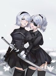  2girls a2_(nier:automata) a4_(yorha) black_blindfold black_dress black_hairband black_legwear black_neckerchief blindfold blindfold_lift blue_eyes bow buckle chinese_commentary commentary dress falling_petals flower framed_breasts garter_straps gloves hairband hairbow holding holding_sword holding_weapon juliet_sleeves katana long_sleeves lunar_tear mole mole_under_mouth multiple_girls neckerchief nier:automata nier_(series) official_alternate_costume one_eye_covered parted_lips petals ponytail puffy_sleeves shaokao_range short_hair sword thighhighs virtuous_contract virtuous_treaty weapon white_gloves white_hair yorha yuri zettai_ryouiki 