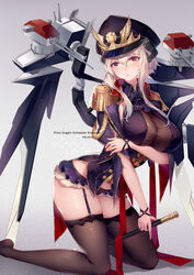  absurdres black_thighhighs blonde_hair blue_oath blush breast_hold breasts character_name cross dress epaulettes female garter_straps grey_background hat highres iron_cross jewelry large_breasts long_hair looking_at_viewer melailai military_hat nail_polish no_shoes peaked_cap prinz_eugen_(blue_oath) red_eyes red_nails solo thighhighs thighs turret 