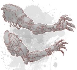  4_fingers abstract_background ambiguous_gender artist_logo claws digital_media_(artwork) disembodied_hand fingers hi_res kredri logo machine mechanical_arm protesis restricted_palette robot shaded simple_background solo text url 